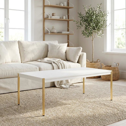 White & Gold Finish Rectangular Coffee Table MDF Metal Contemporary Design