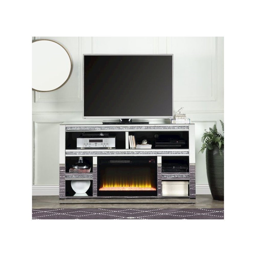 Noralie TV Stand w/Fireplace, Mirrored & Faux Diamonds