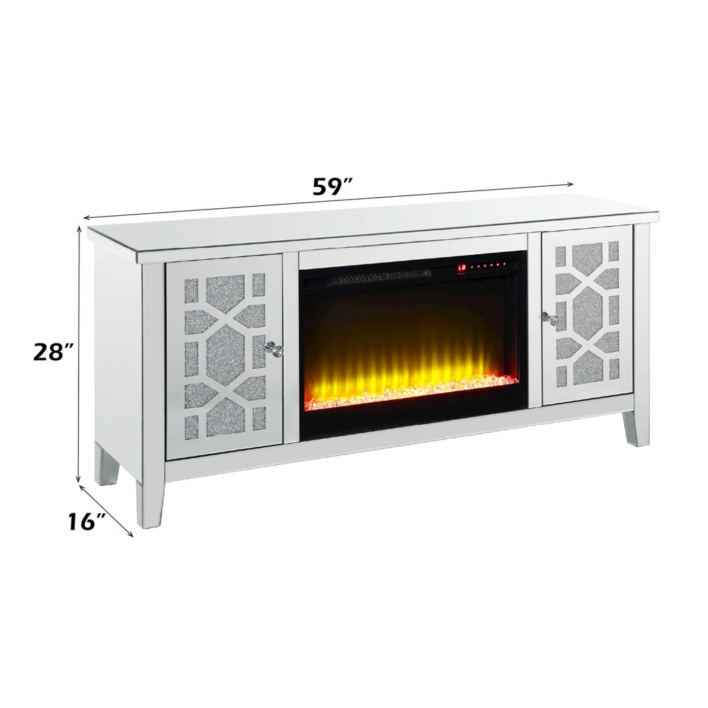 Noralie TV Stand w/Fireplace, Mirrored & Faux Diamonds