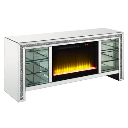 Noralie TV Stand w/Fireplace & LED, Mirrored & Faux Diamonds