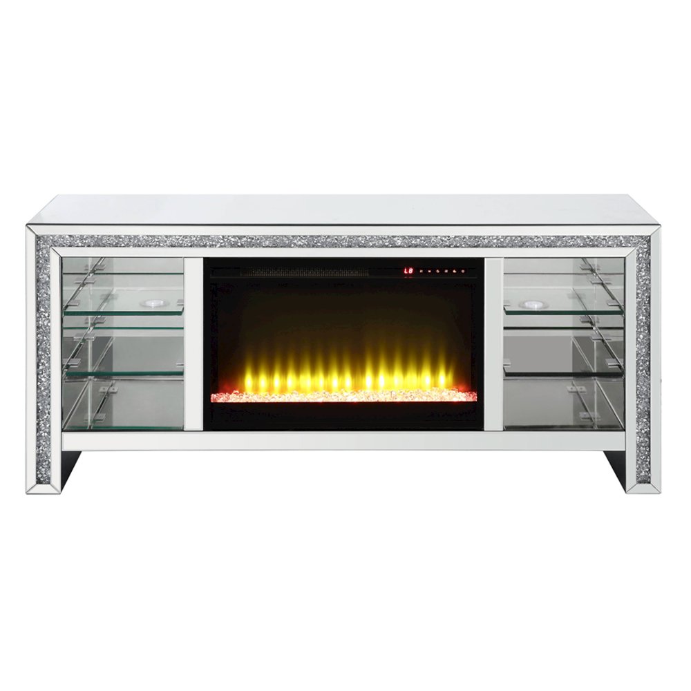Noralie TV Stand w/Fireplace & LED, Mirrored & Faux Diamonds