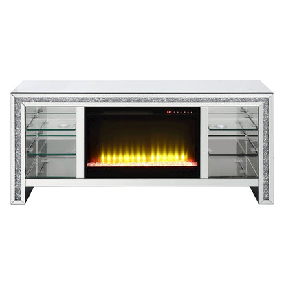 Noralie TV Stand w/Fireplace & LED, Mirrored & Faux Diamonds