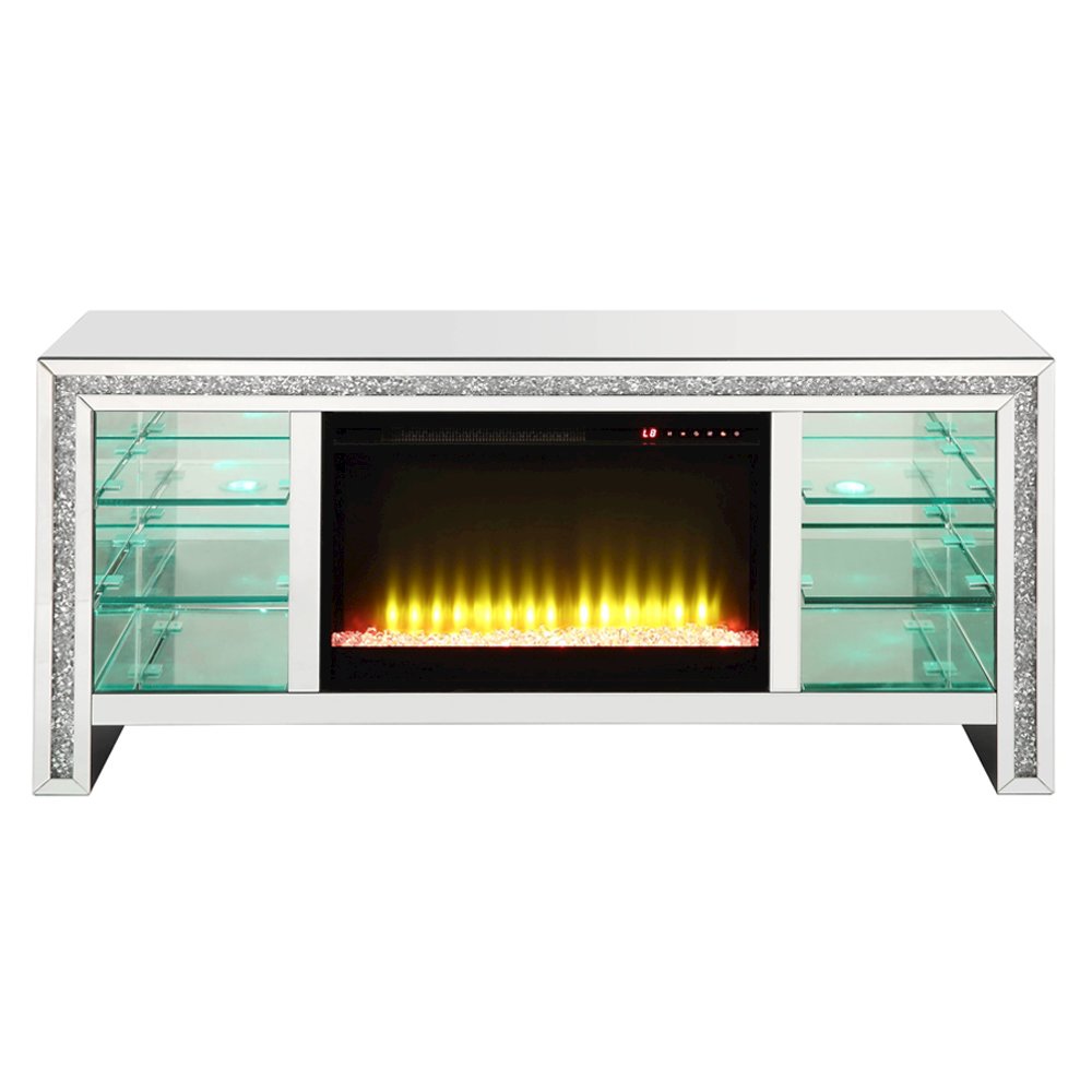 Noralie TV Stand w/Fireplace & LED, Mirrored & Faux Diamonds