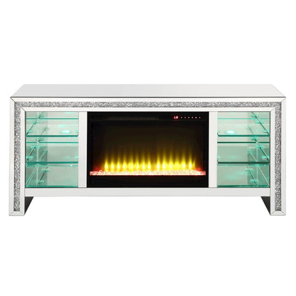 Noralie TV Stand w/Fireplace & LED, Mirrored & Faux Diamonds