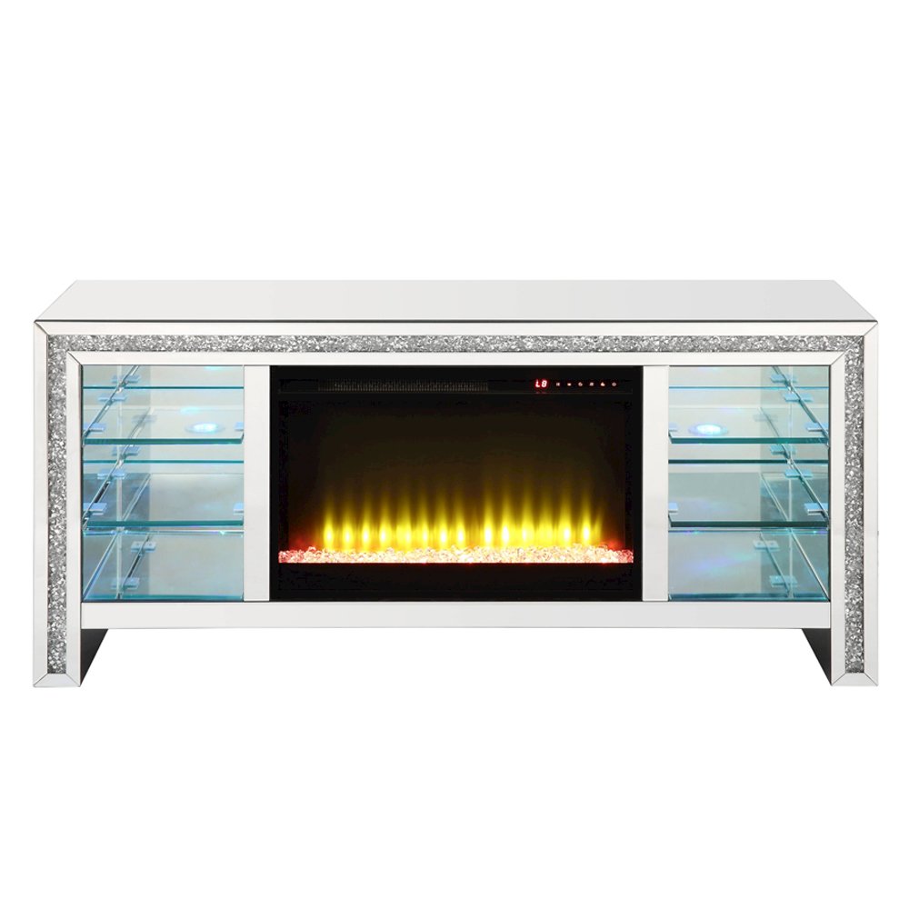 Noralie TV Stand w/Fireplace & LED, Mirrored & Faux Diamonds