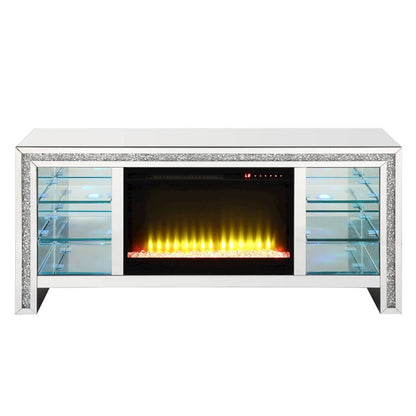 Noralie TV Stand w/Fireplace & LED, Mirrored & Faux Diamonds