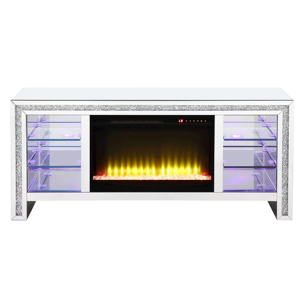 Noralie TV Stand w/Fireplace & LED, Mirrored & Faux Diamonds