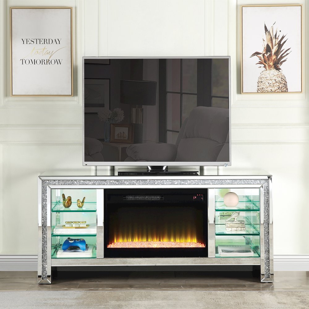 Noralie TV Stand w/Fireplace & LED, Mirrored & Faux Diamonds
