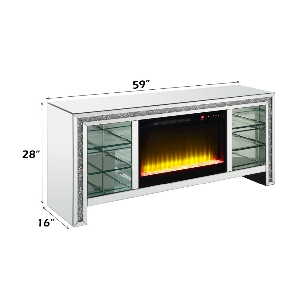Noralie TV Stand w/Fireplace & LED, Mirrored & Faux Diamonds