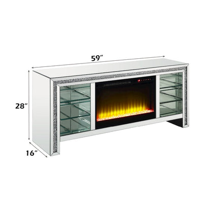 Noralie TV Stand w/Fireplace & LED, Mirrored & Faux Diamonds