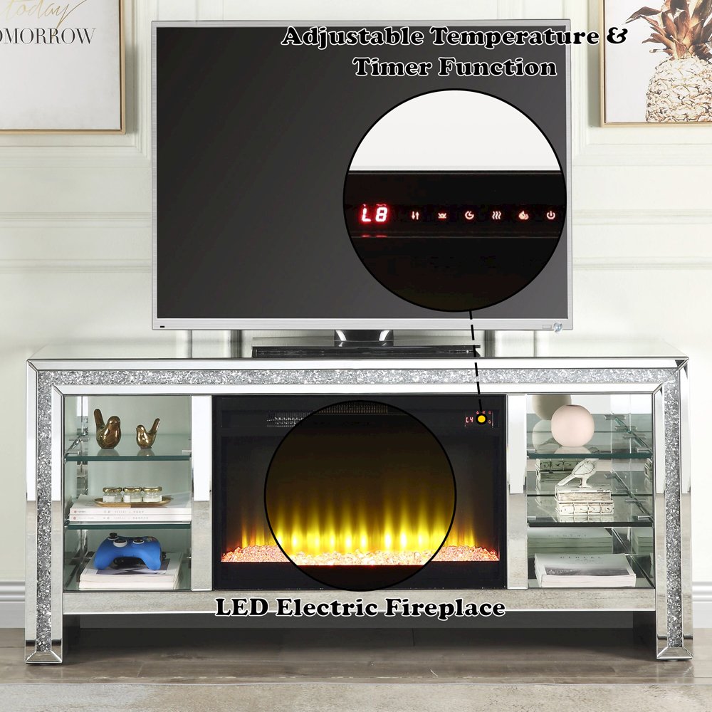 Noralie TV Stand w/Fireplace & LED, Mirrored & Faux Diamonds