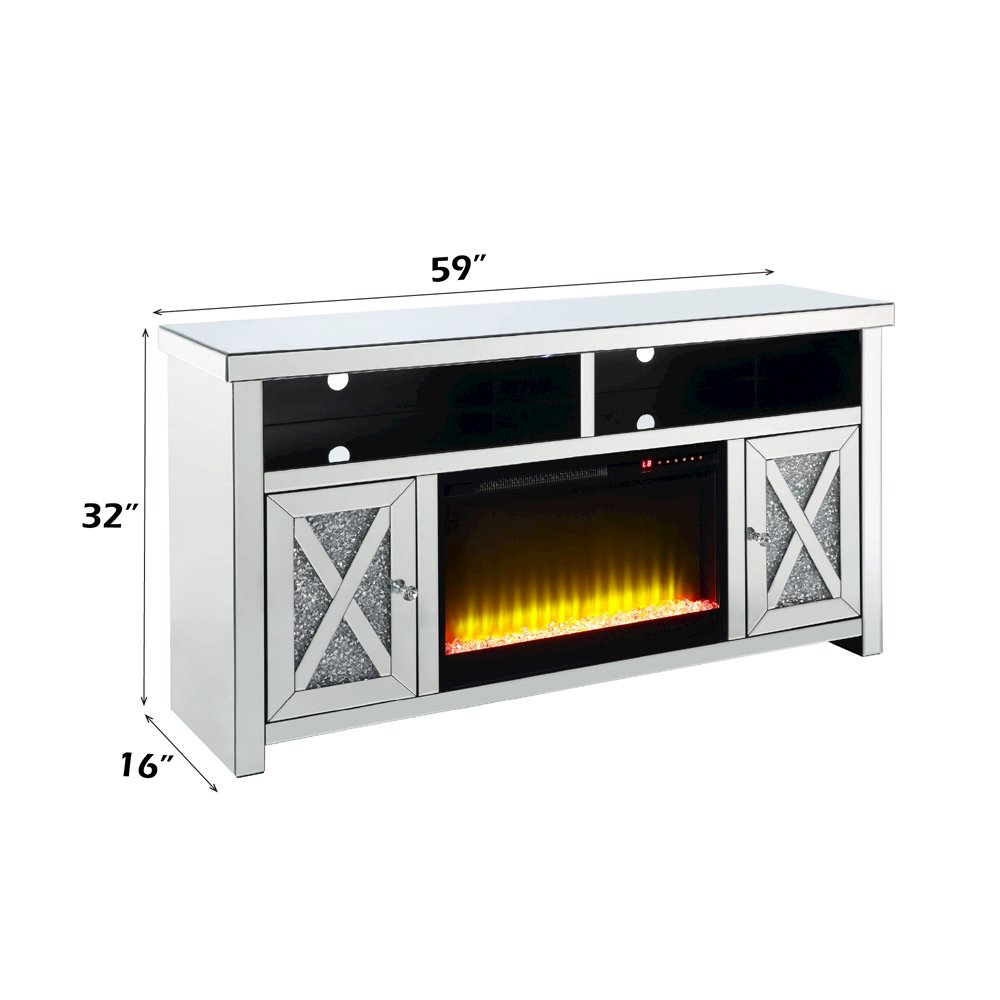 Noralie TV Stand w/Fireplace, Mirrored & Faux Diamonds