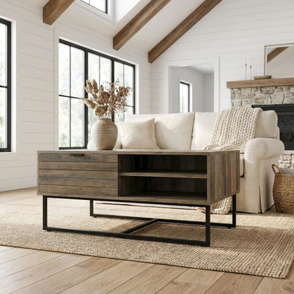 Brown Rectangular Coffee Table - Composite Wood and Metal Frame, Rustic Finish