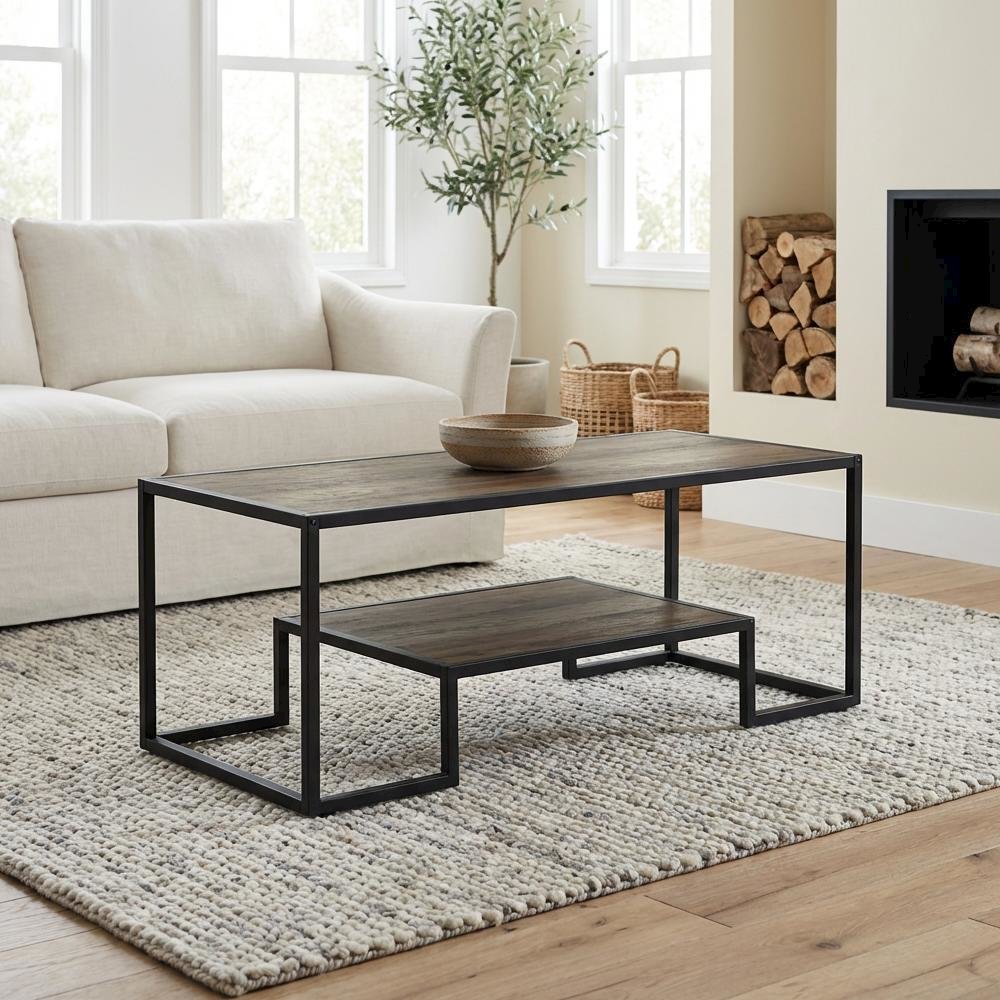 Rustic Oak Multi-Color Coffee Table with Black Metal Base and Veneer Surface