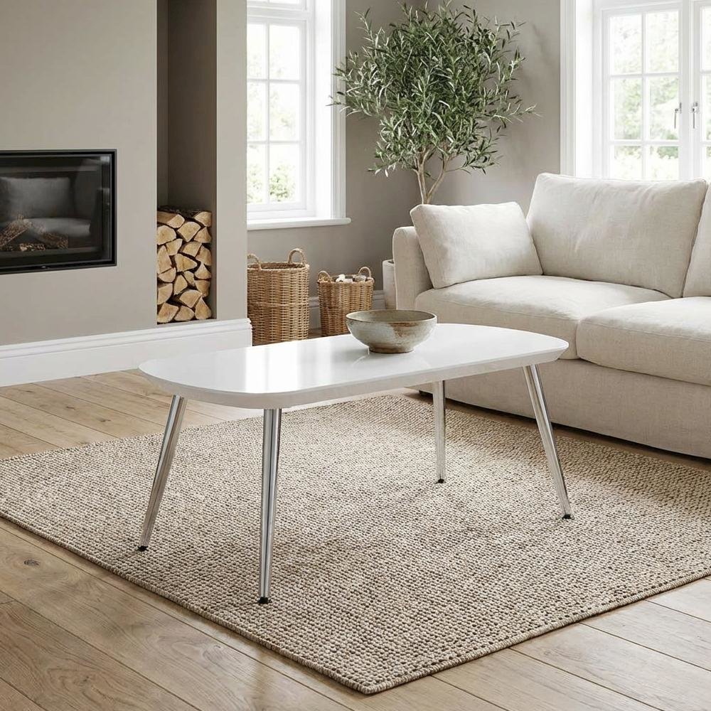 White and Chrome Coffee Table with Glass Top and Metal Frame Contemporary Design