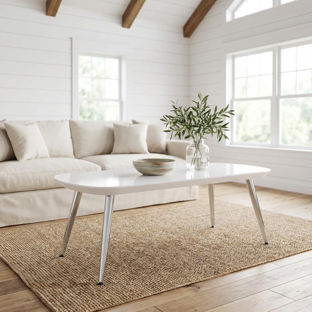 White and Chrome Coffee Table with Glass Top and Metal Frame Contemporary Design