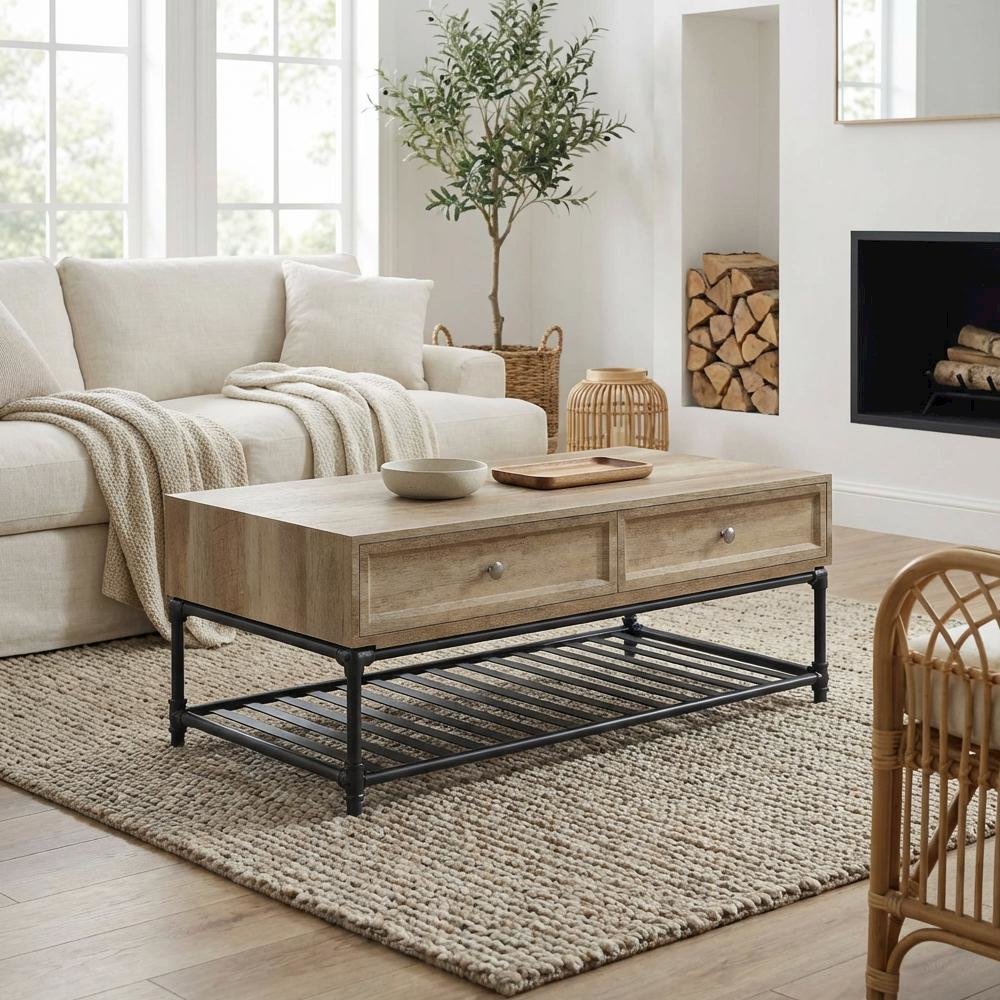Oak and Sandy Black Finish Rectangular Coffee Table Industrial Metal MDF Veneer