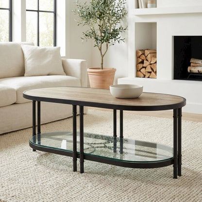 Oval Oak and Sandy Black Coffee Table with Industrial Design
