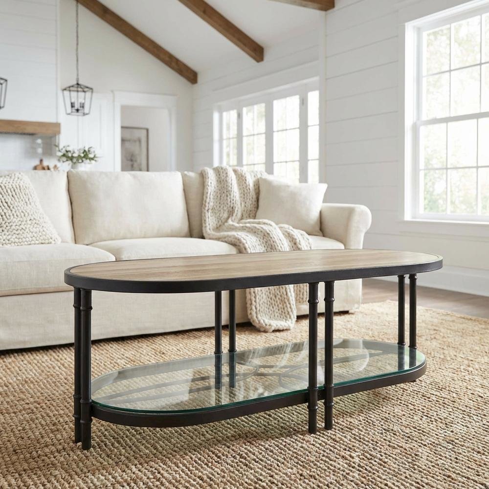 Oval Oak and Sandy Black Coffee Table with Industrial Design