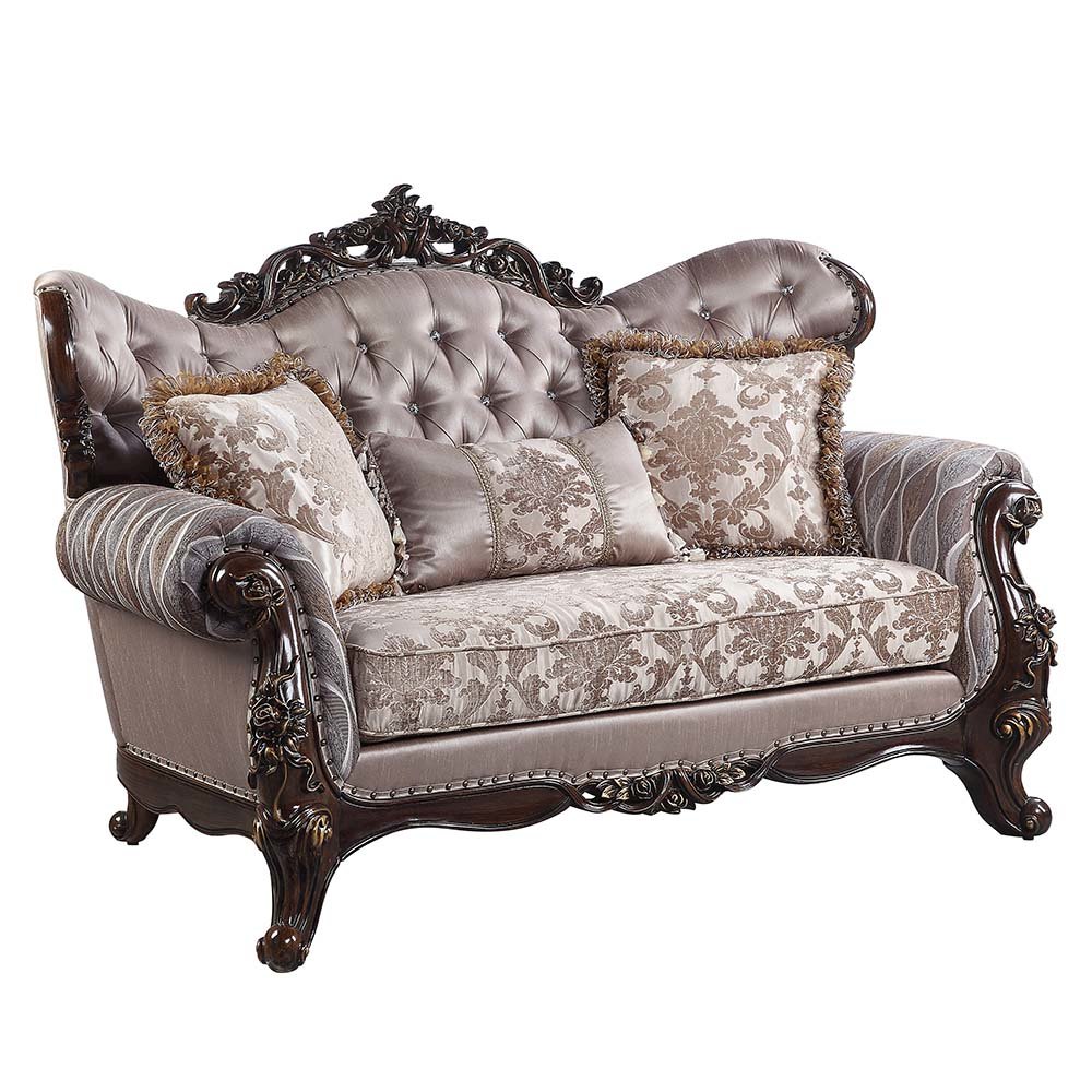 Benbek Loveseat w/3 Pillows, Fabric & Antique Oak