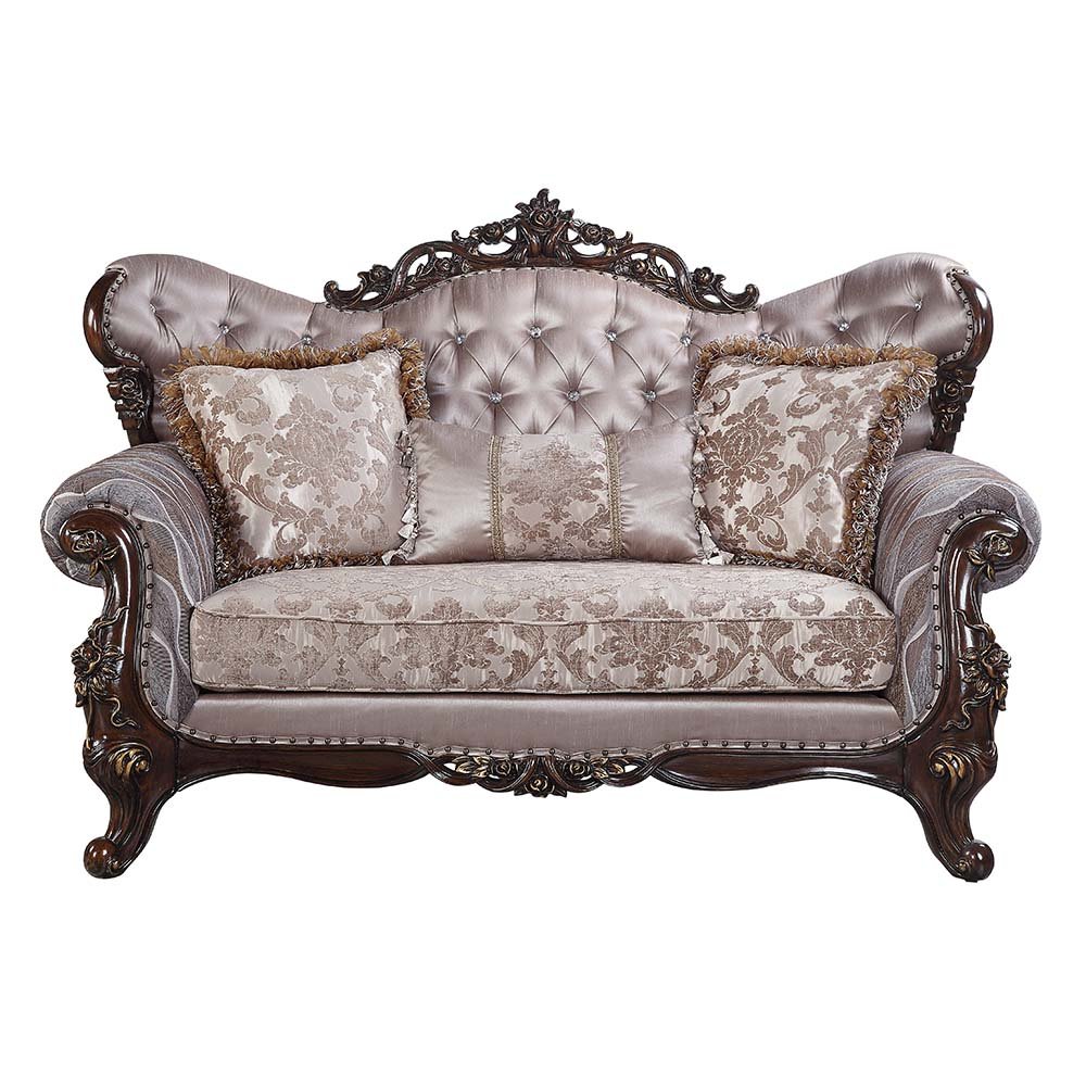 Benbek Loveseat w/3 Pillows, Fabric & Antique Oak