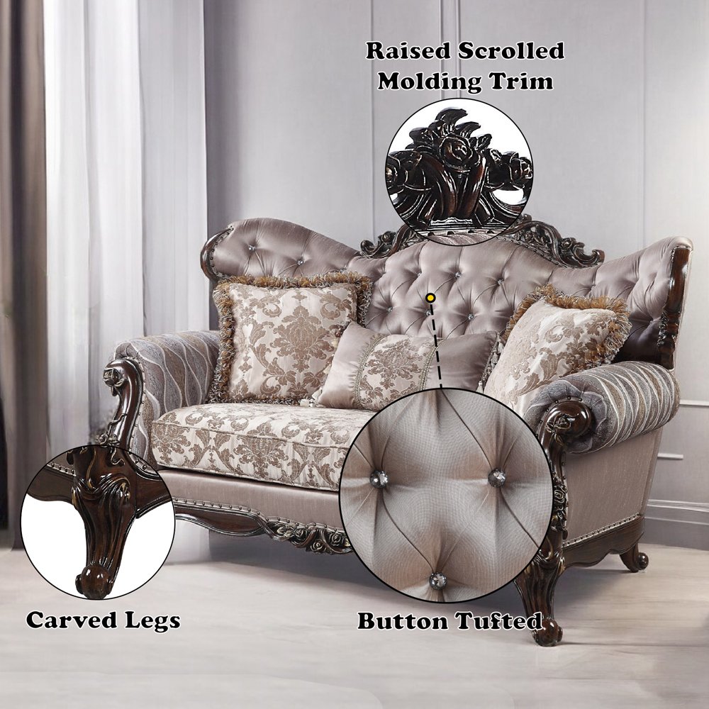 Benbek Loveseat w/3 Pillows, Fabric & Antique Oak