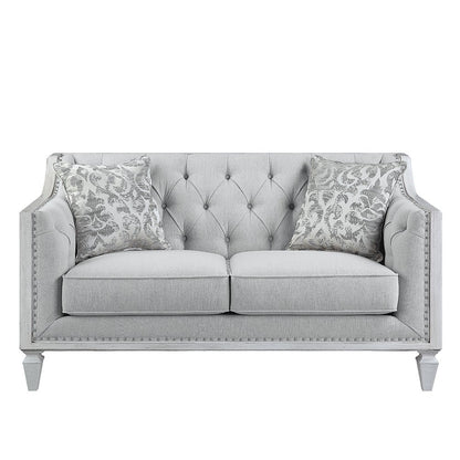 Katia Loveseat w/2 Pillows, Light Gray Linen & Weathered White