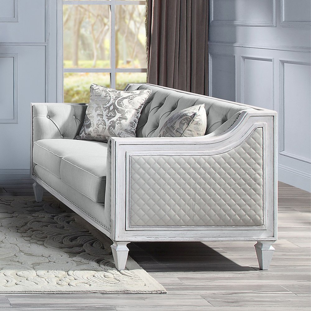 Katia Loveseat w/2 Pillows, Light Gray Linen & Weathered White