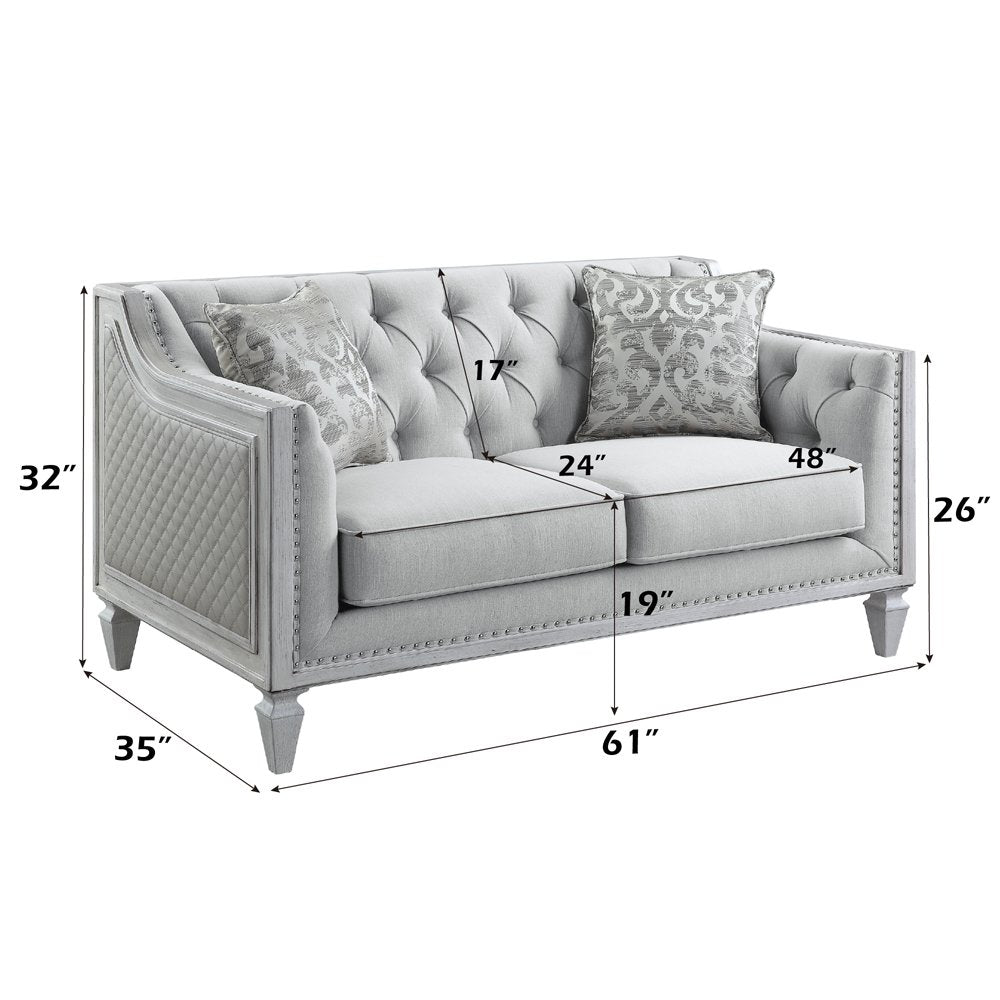 Katia Loveseat w/2 Pillows, Light Gray Linen & Weathered White