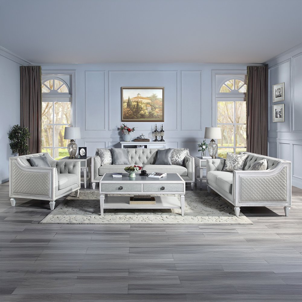 Katia Loveseat w/2 Pillows, Light Gray Linen & Weathered White