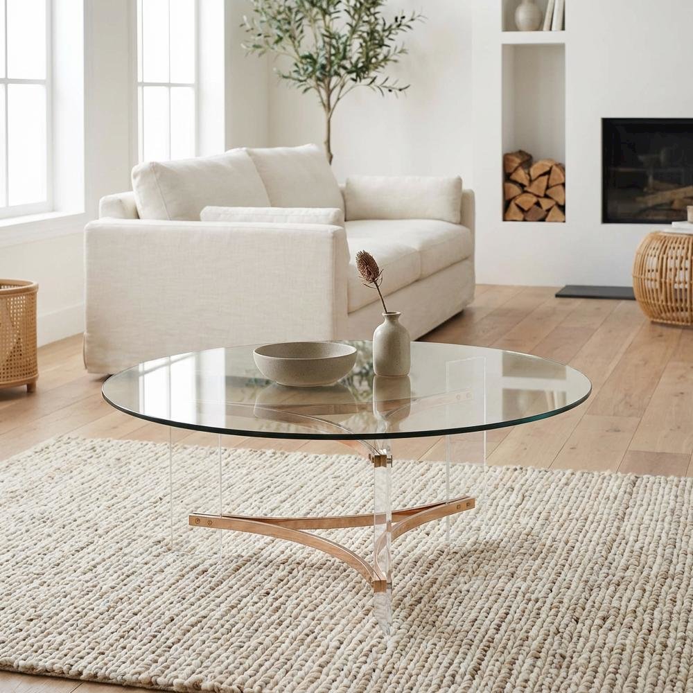 Gold Round Coffee Table with Tempered Glass and Acrylic Metal Frame