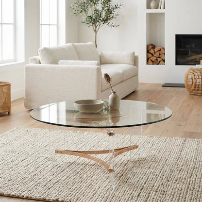 Gold Round Coffee Table with Tempered Glass and Acrylic Metal Frame