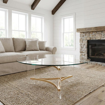 Gold Round Coffee Table with Tempered Glass and Acrylic Metal Frame