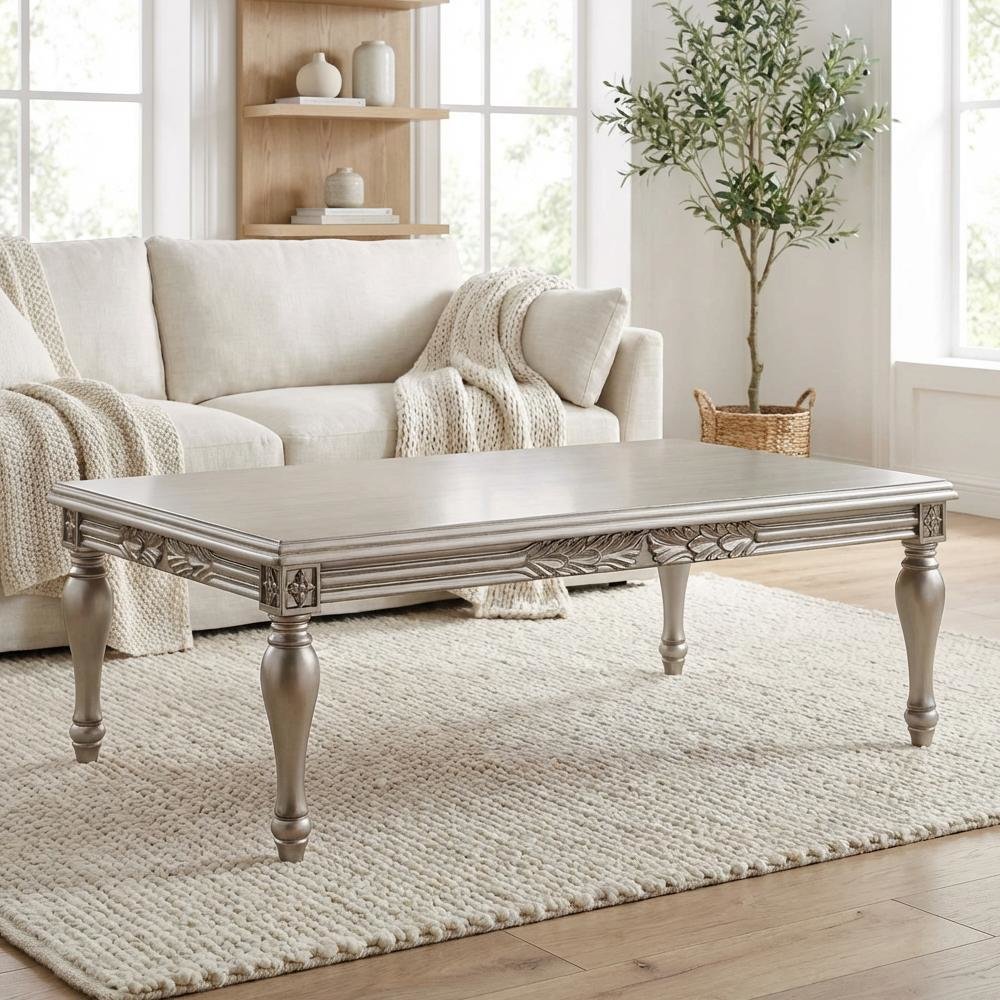 Silver Rectangular Coffee Table with Premium Finish Wood Composite Surface