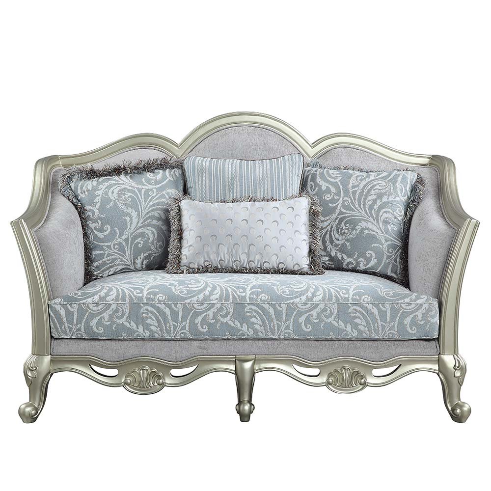 Qunsia Loveseat w/4 Pillows, Light Gray Linen & Champagne