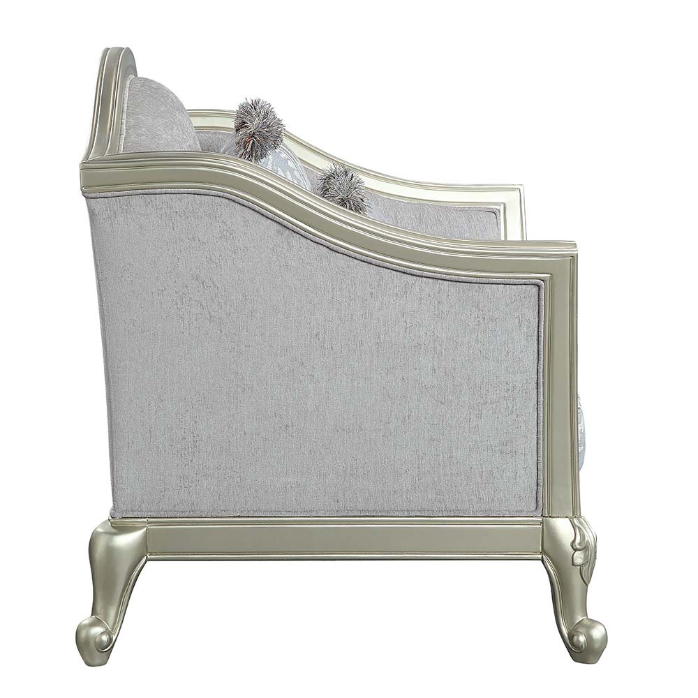 Qunsia Loveseat w/4 Pillows, Light Gray Linen & Champagne