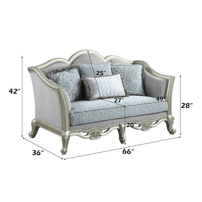 Qunsia Loveseat w/4 Pillows, Light Gray Linen & Champagne