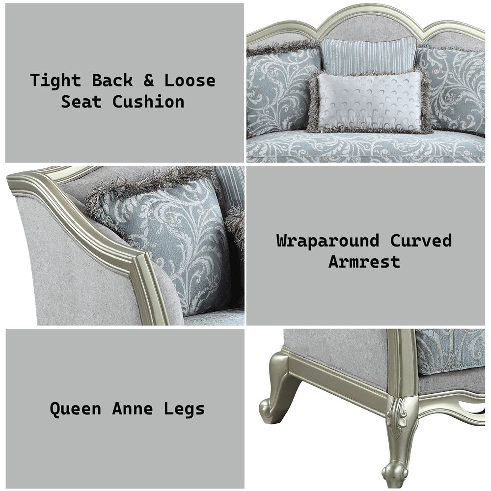 Qunsia Loveseat w/4 Pillows, Light Gray Linen & Champagne