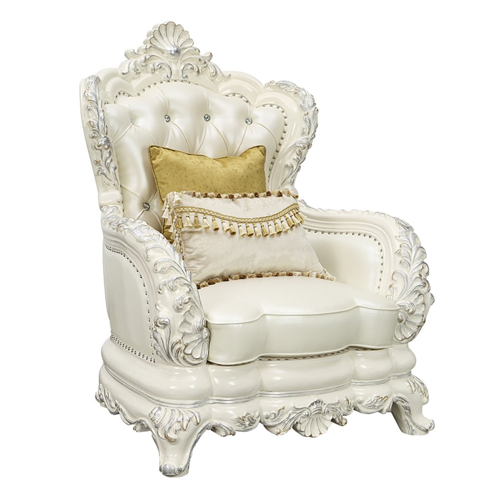 Adara Chair w/2 Pillows, Pearl White Leatherette & Antique White
