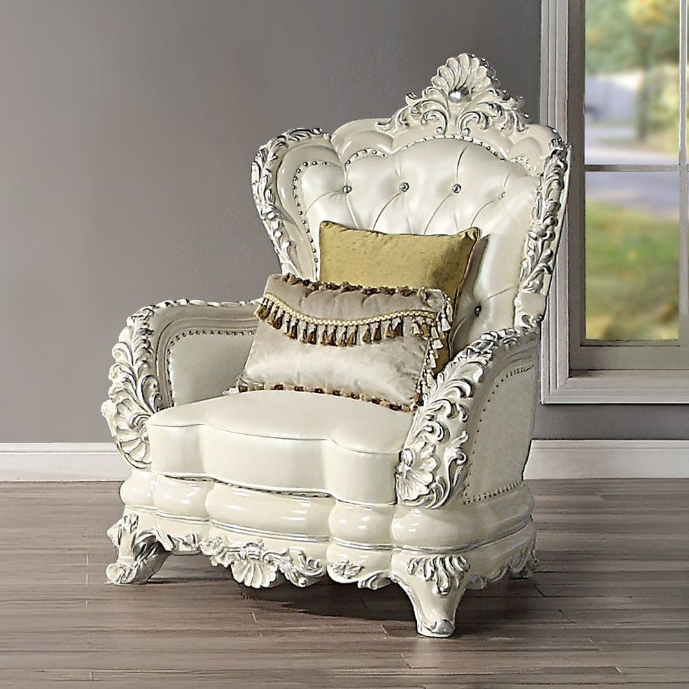 Adara Chair w/2 Pillows, Pearl White Leatherette & Antique White