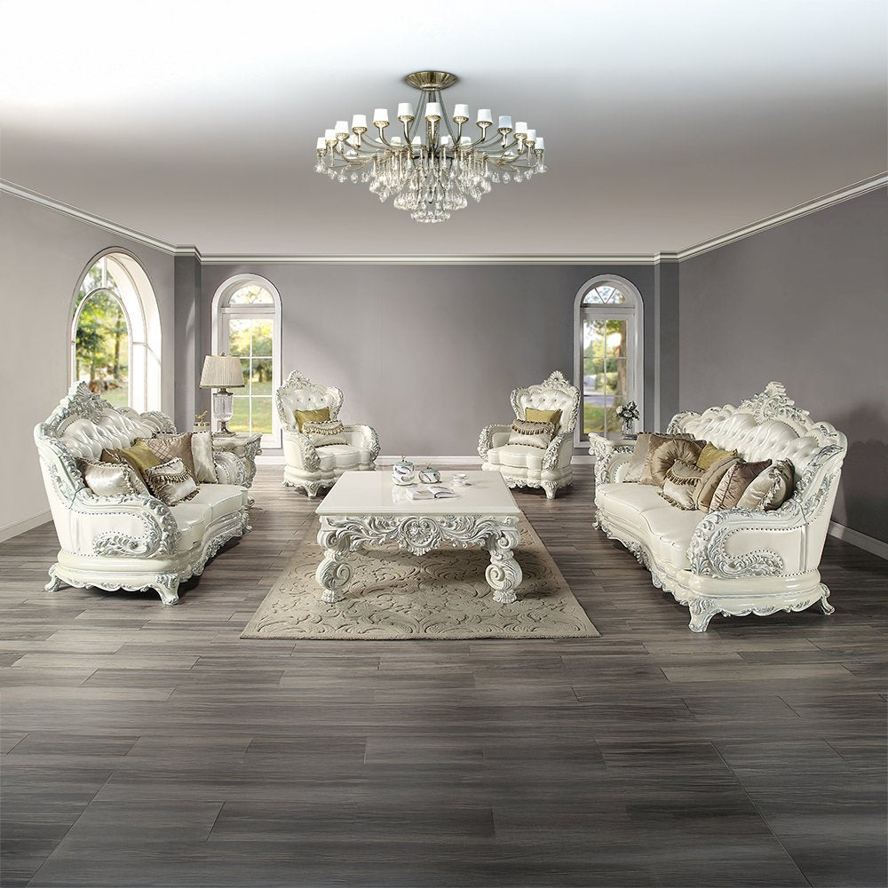 Adara Chair w/2 Pillows, Pearl White Leatherette & Antique White