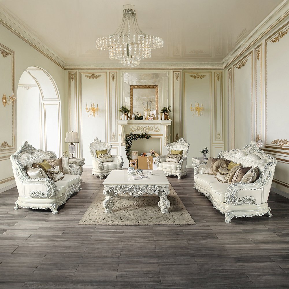 Adara Chair w/2 Pillows, Pearl White Leatherette & Antique White