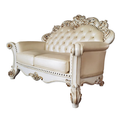 Vendome Loveseat w/3 Pillows, Champagne Leatherette & Antique Pearl