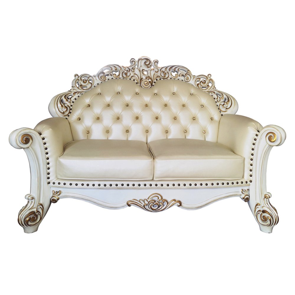 Vendome Loveseat w/3 Pillows, Champagne Leatherette & Antique Pearl