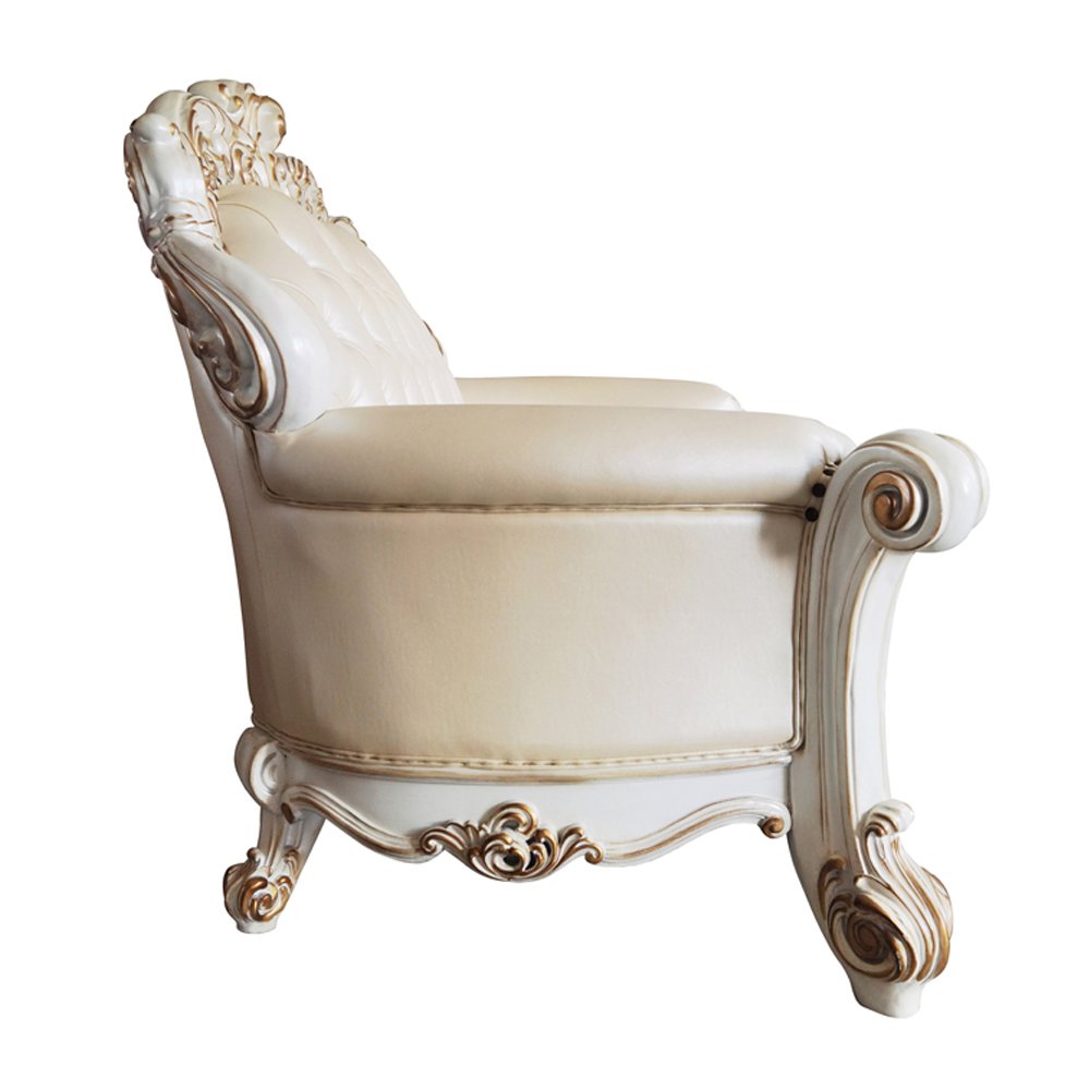 Vendome Loveseat w/3 Pillows, Champagne Leatherette & Antique Pearl