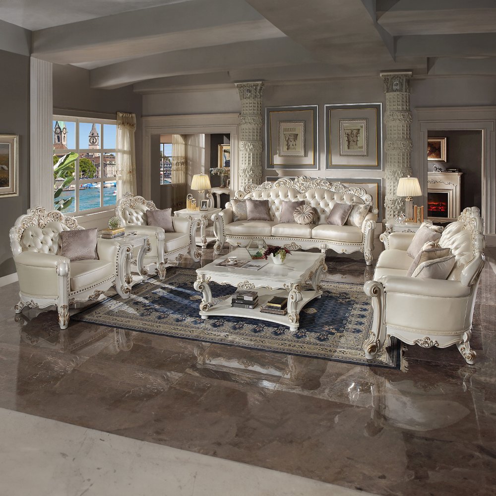 Vendome Loveseat w/3 Pillows, Champagne Leatherette & Antique Pearl