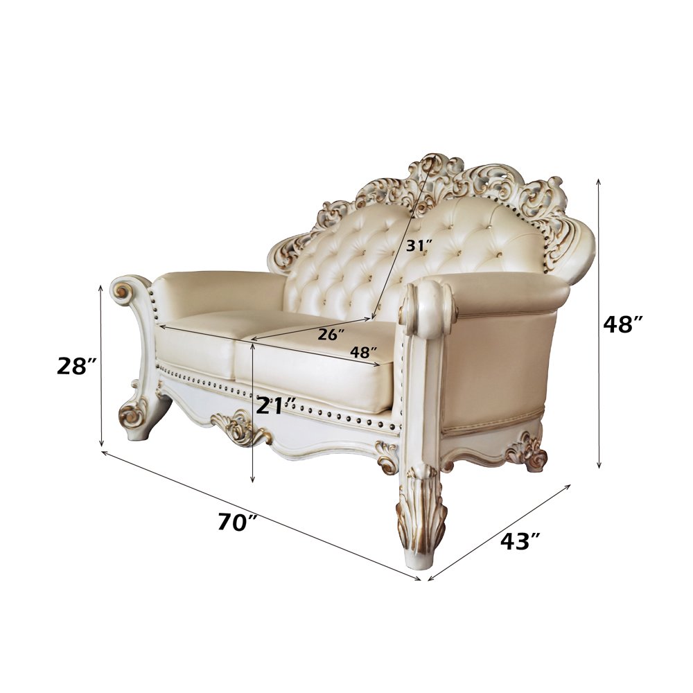 Vendome Loveseat w/3 Pillows, Champagne Leatherette & Antique Pearl