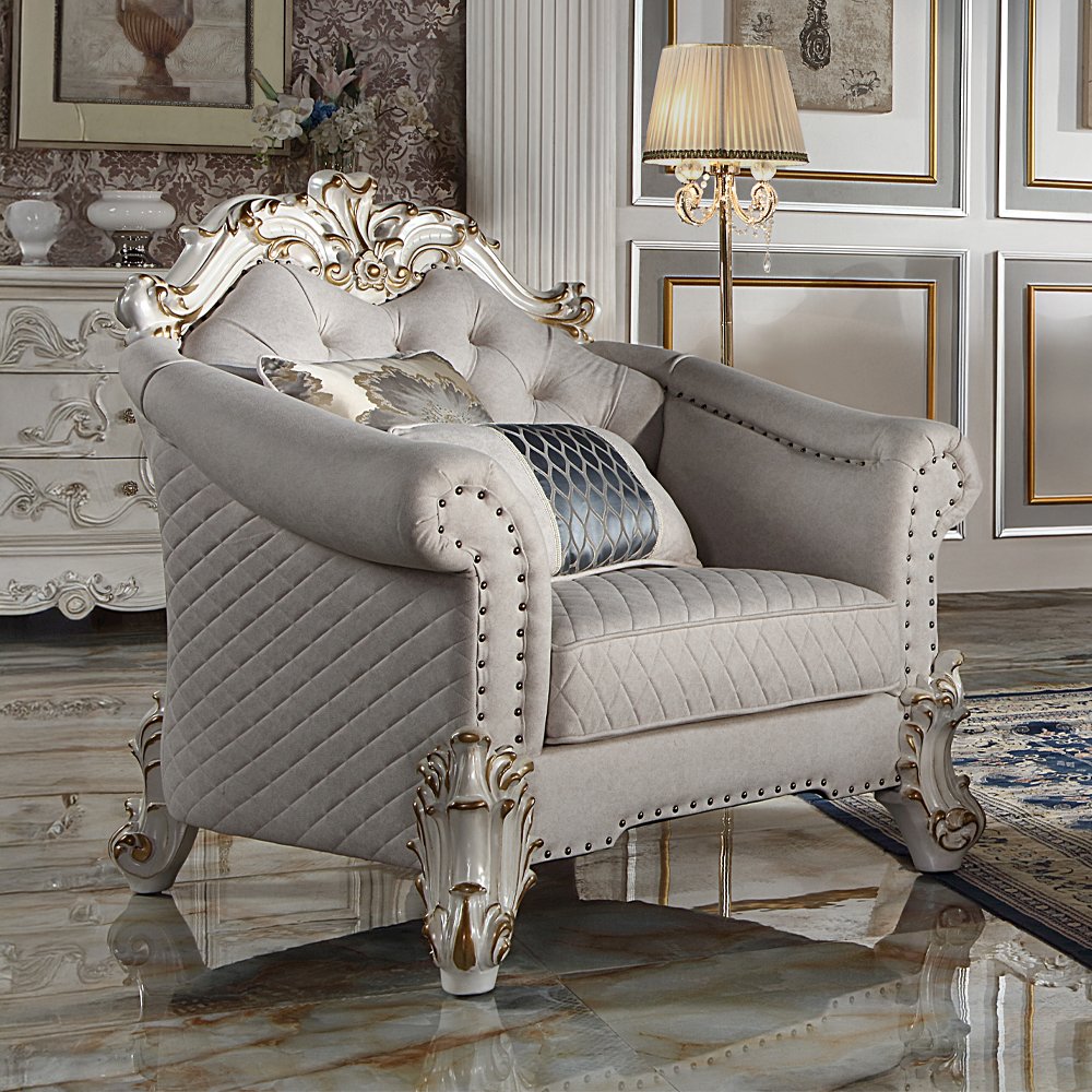 Vendome II Chair w/2 Pillows, Two Tone Ivory Fabric & Antique Pearl