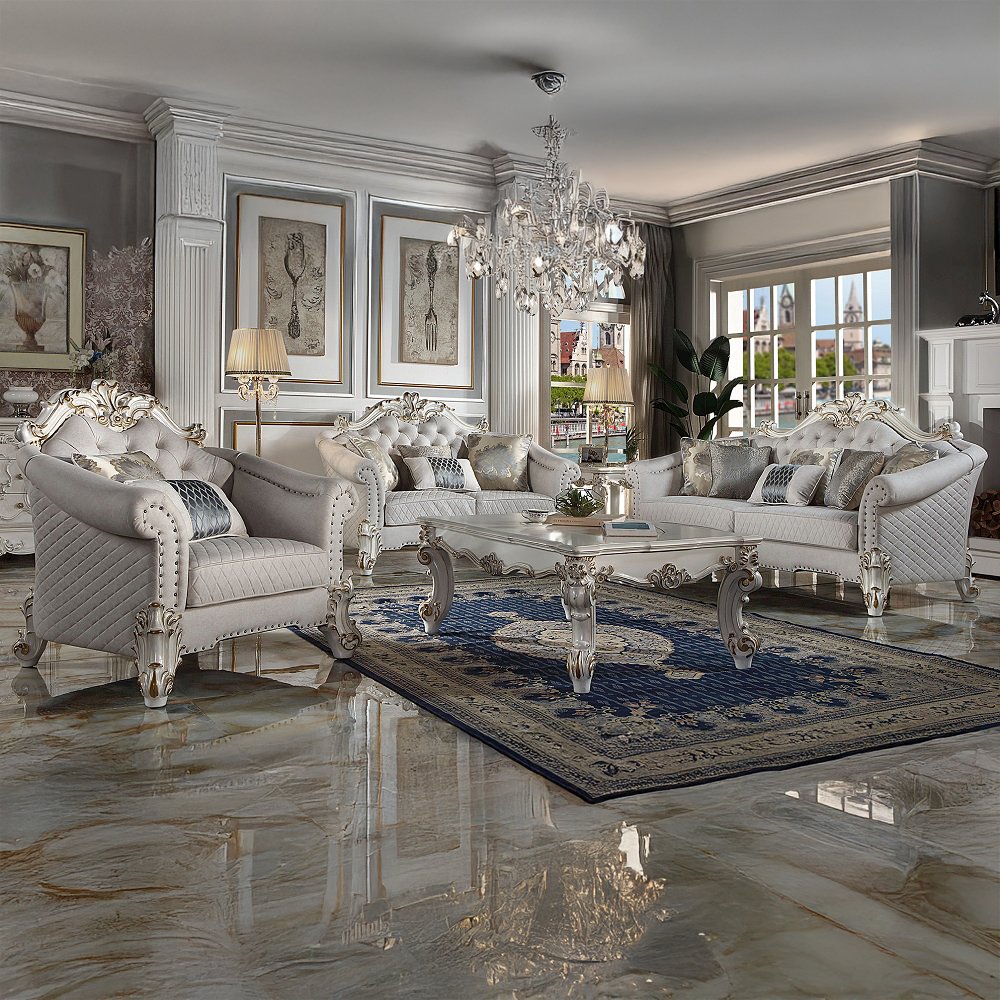 Vendome II Chair w/2 Pillows, Two Tone Ivory Fabric & Antique Pearl