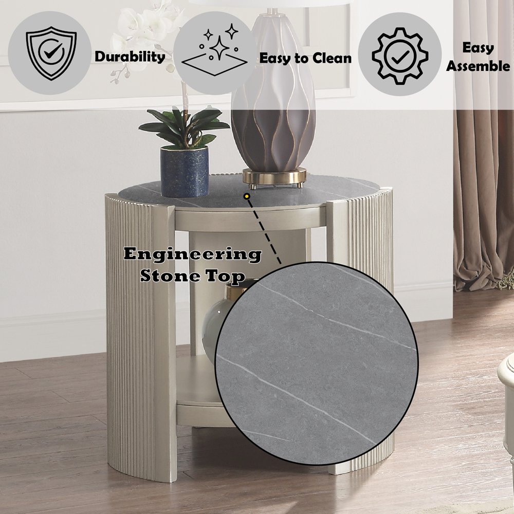 Kasa End Table, Sintered Stone & Champagne